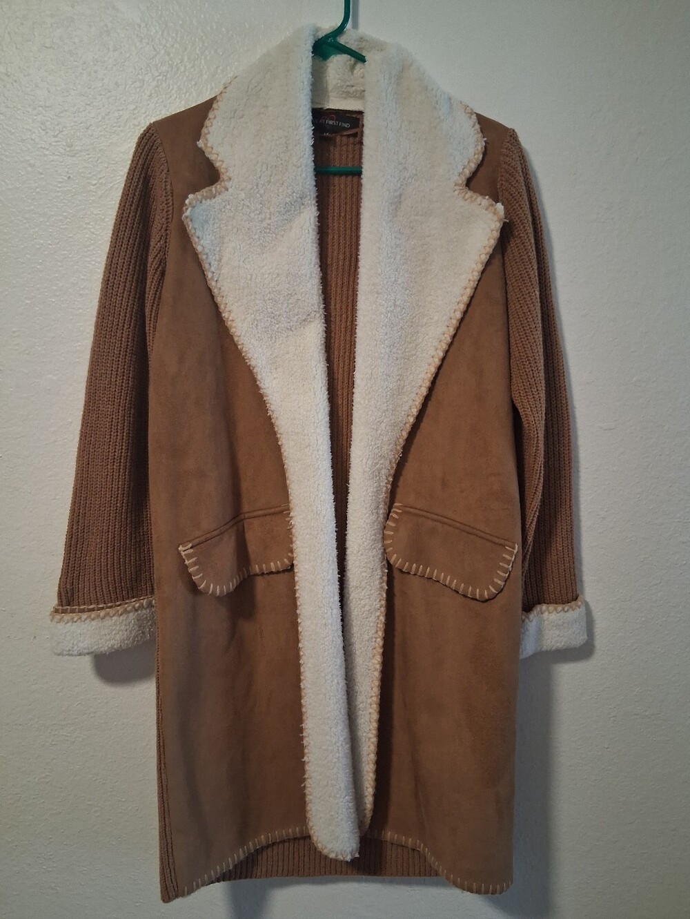 Love At First Find Faux Suede Shearling Coat Knit Sleeve Cozy Boho Camel M